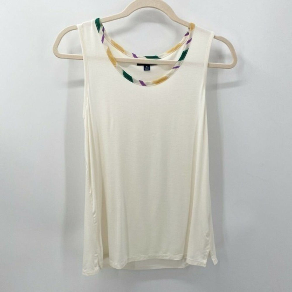 Modcloth Women's Ivory Viscose Scoop Neck Tank Top Multicolor Trim Size S